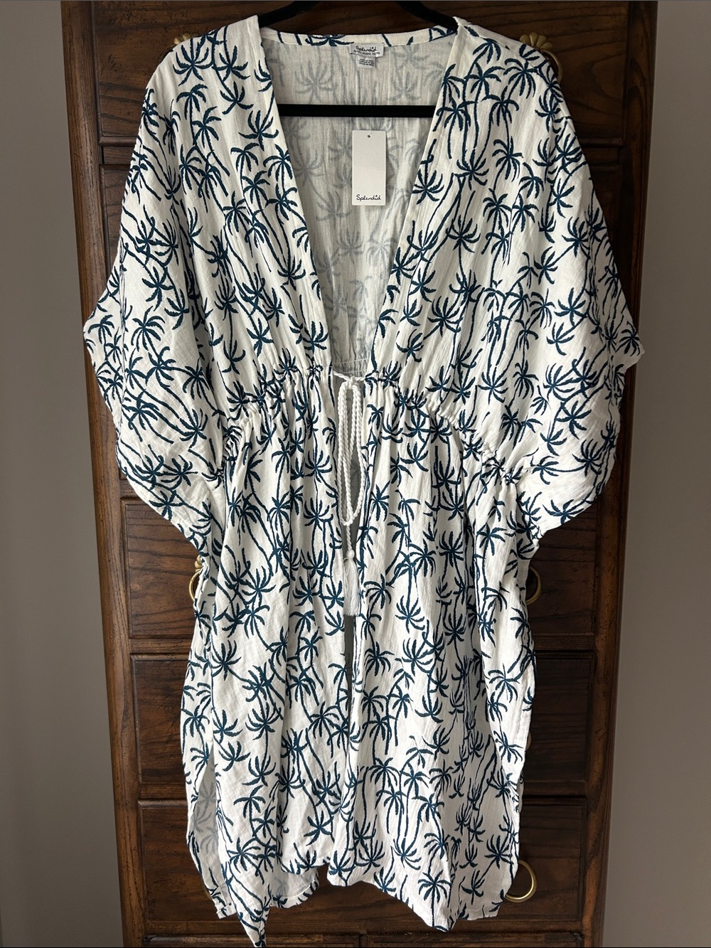 NWT Splendid White Coverup with Navy Palm Motif and Drawstring, Size XL/XXL